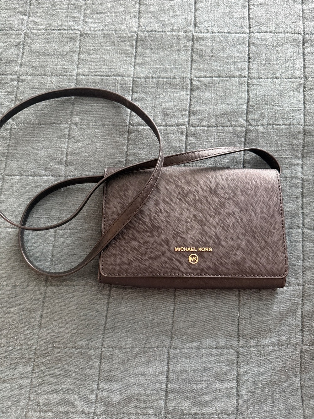 Michael Kors Chocolate Brown Crossbody Wallet with Gold Logo